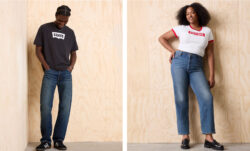 Left: a person stands with their hands in their pockets against a light wood background and wears a black T-shirt from the BEYONCÉ X LEVI'S® Tees collection. The shirt is black with a white Levi's® batwing logo that reads "Levii's." They wear blue jeans and black shoes. Right: a person stands against a light wood background wearing a white and red ringer tee from the BEYONCÉ X LEVI'S® Tees collection featuring a red Levi's® batwing logo graphic that reads "Levii's." They wear blue denim Levi's® jeans. 