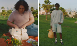 Left: a person sits on a picnic blanket in San Francisco's Mission Dolores Park. They wear a light pink Levi's® Pride Retro Mesh Tee featuring the pink triangle symbol and reach into a tan Levi's® Pride Tote, which features a pattern of rainbow-colored triangles. Right: a person stands in San Francisco's Mission Dolores park wearing a long-sleeve grey Levi's® Pride Relaxed Crew and long denim shorts. 