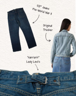 A Levi's® product collage featuring the "Harriett" Lady Levi's®, Pre-World War II 501® Jeans, and an original Trucker jacket