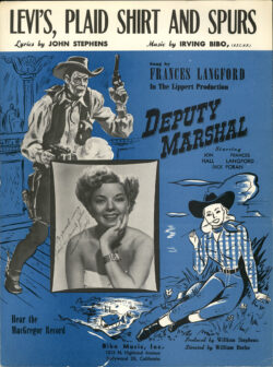 A blue poster for the Western film, “Deputy Marshall,”  titled “Levi’s, Plaid Shirt and Spurs” 