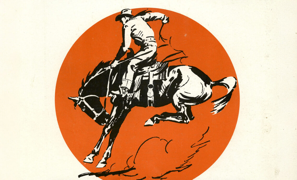 a drawing of a cowboy riding a horse overlaid on top of an orange circle
