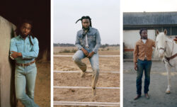 Left: Shaboozey leans against a barn door wearing Levi's® Icons. Middle: Shaboozey sits on a fence in a farm wearing Levi's® Icons. Right: Shaboozey wears Levi's® Icons and pets a white horse 