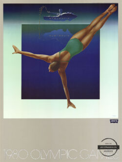 an advertisement from the 1980 olympic games featuring a diver in a green swimsuit in front of a blue water background.