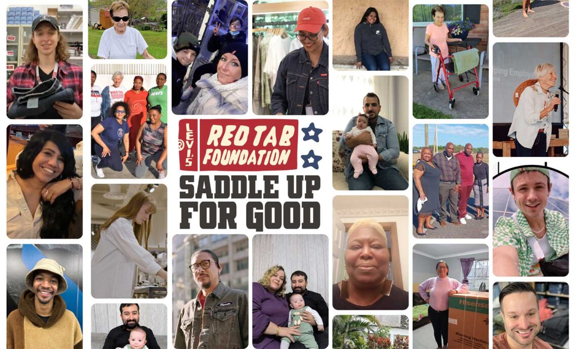 a collage of Levi Strauss & Co. employee photos featuring the Red Tab Foundation logo reading "Red Tab Foundation Saddle Up for Good"