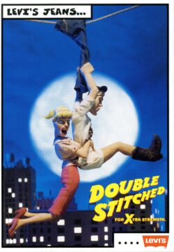 A still from the Levi's Clayman ad featuring two clay figures using jeans as a zipline escape 