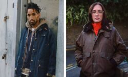 Two people model jackets from the Levi's® x Barbour collection, available globally Thursday, October 30. Left: a person wears the Levi's® x Barbour Oversized Bedale Denim Jacket. Right: a person models the Levi’s® x Barbour Spey Waxed Jacket, reimagining Barbour’s classic silhouette in tobacco wax with brown cord collar, featuring pocket flaps shaped like Levi’s® iconic arcuate, trucker-style cuffs and waistband, and a back-cinch characteristic of Levi’s® archival denim. With moleskin pocket lining and co-branded elements throughout, the piece bridges outdoor functionality with authentic Western workwear DNA.