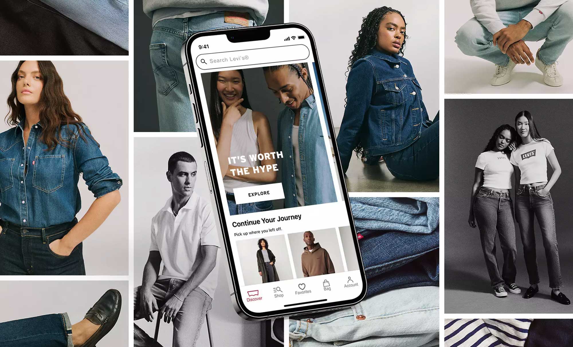 An iPhone featuring the Levi's® app overlaid over a collage of Levi's® marketing images