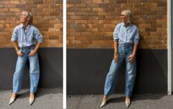Laura Gallagher, head of marketing for Levi's Australia and New Zealand, poses wearing a Levi's Harlie button up shirt tucked into Levi's baggy dad jeans with pointed toe shoes