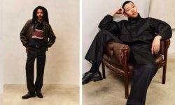 left: a man wears the Levi's Clayton Leather Aviator jacket and dark wash Levi's jeans. Right: a person sits on a chair wearing Levi's 578 Baggy and a black jacket 