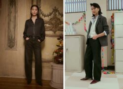 Left: a person stands with their hands in their pockets, wearing a black button up shirt and matching black Levi's® Baggy Dad jeans. Right: a person stands in an office setting wearing a grey Levi's® blazer, white button up shirt and black Levi's® baggy dad jeans.