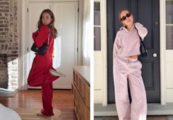 Left: Beyond Yoga senior social media coordinator Sydney Stephens wears a matching red Beyond Yoga set. Right: Sydney wears a matching lilac Beyond Yoga pullover and pants.