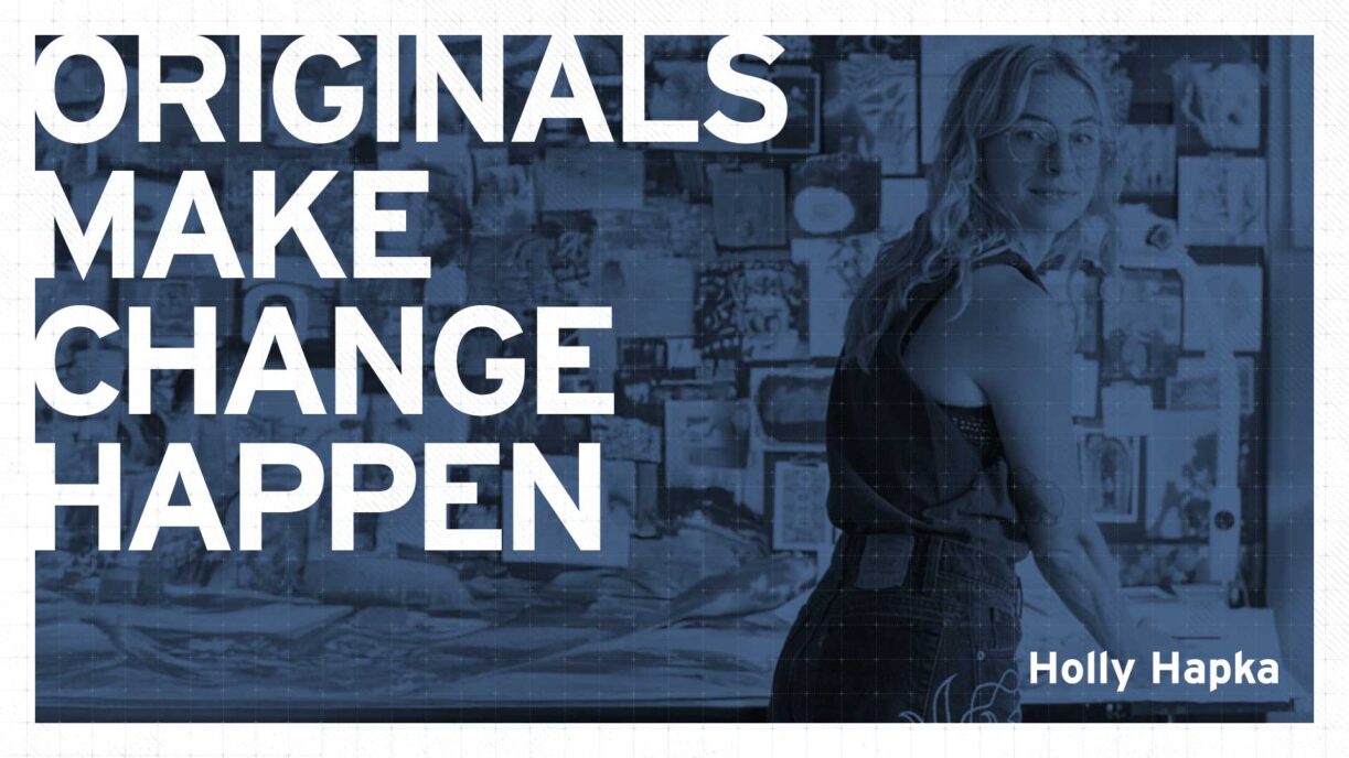 Levi's Print & Patterns Senior Designer Holly Hapka leans against a table in front of a wall of photo collages. Text reads "Originals Make Change Happen Holly Hapka"
