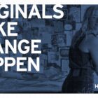 Levi's Print & Patterns Senior Designer Holly Hapka leans against a table in front of a wall of photo collages. Text reads "Originals Make Change Happen Holly Hapka"