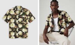left: a product photo of a Levi's camp shirt from spring 2025 featuring a cactus bloom repeated pattern. Right: a Levi's model wears the cactus bloom camp shirt.