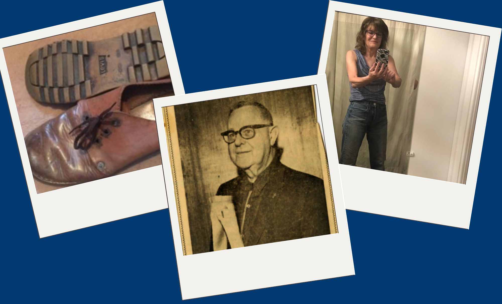 Three polaroid photos overlaid on a blue background. The left photo is of a pair of old Levi's shoes, the middle is an old newspaper clipping of a man wearing glasses and the third is a woman talking a photo of herself in 501 jeans in a changing room