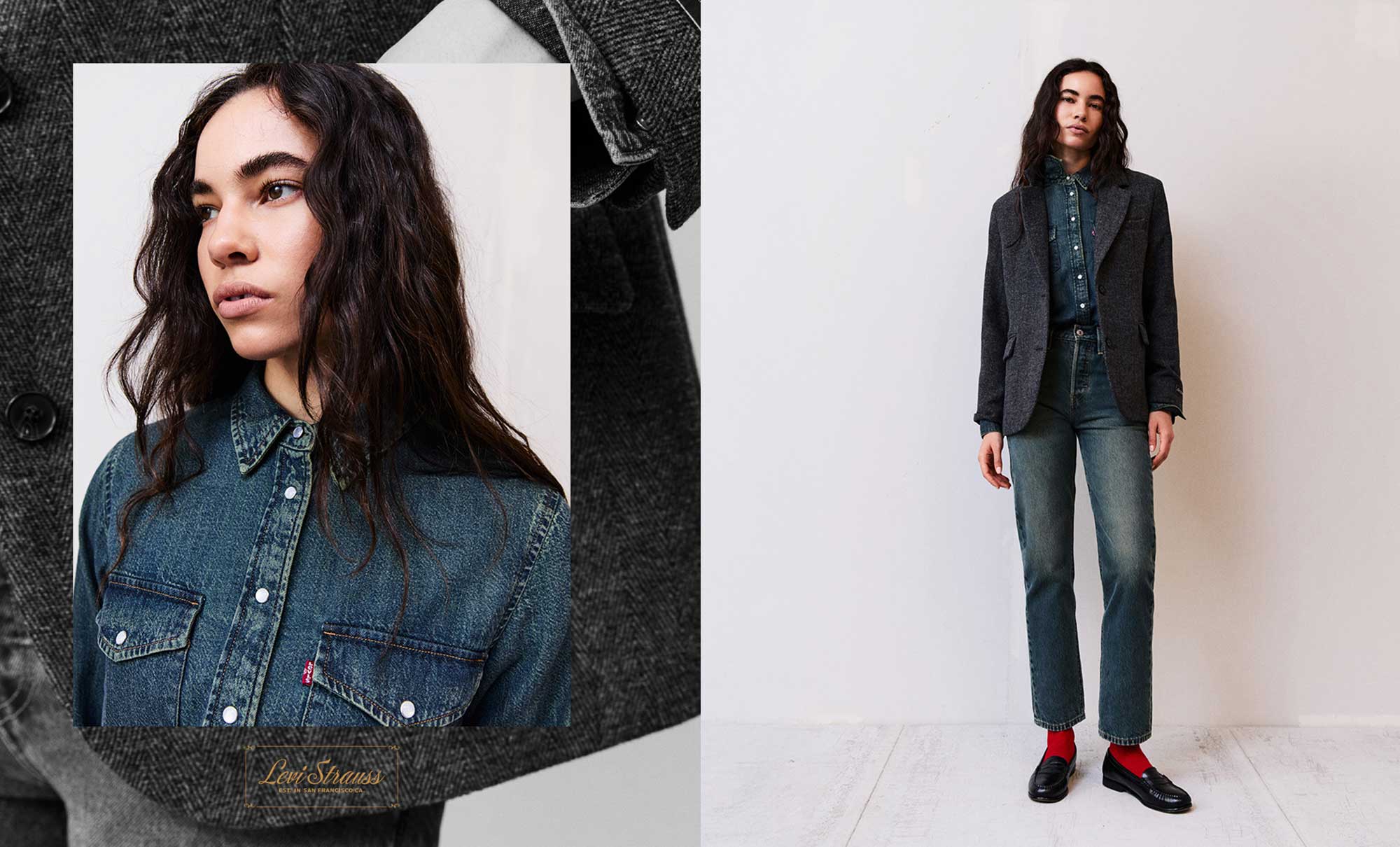 left: a photograph of a person from the torso up wearing a buttoned up Levi's® denim shirt. The photo is "taped" over a zoomed image of the person's jeans-clad legs. Right: a full body photo of the same person, wearing a black blazer over the Levi's® denim shirt, paired with Levi's® denim jeans and flats.