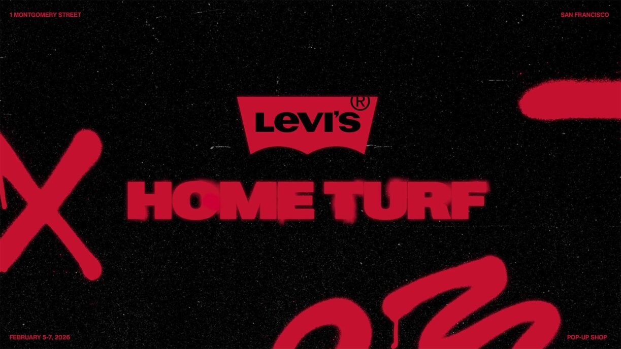 Red graphics and text in a spray paint style features the Levi's® batwing logo followed by text reading "Home Turf"