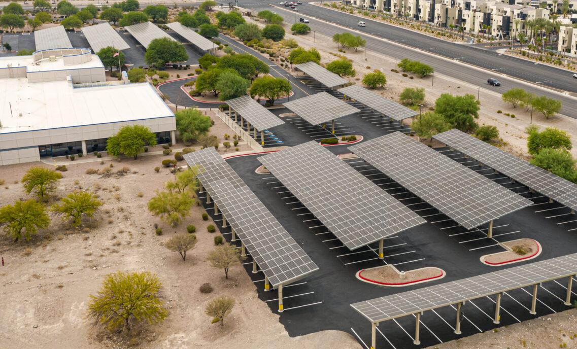 an aerial photo of the Levi's® Henderson distribution center parking lot, featuring solar panels