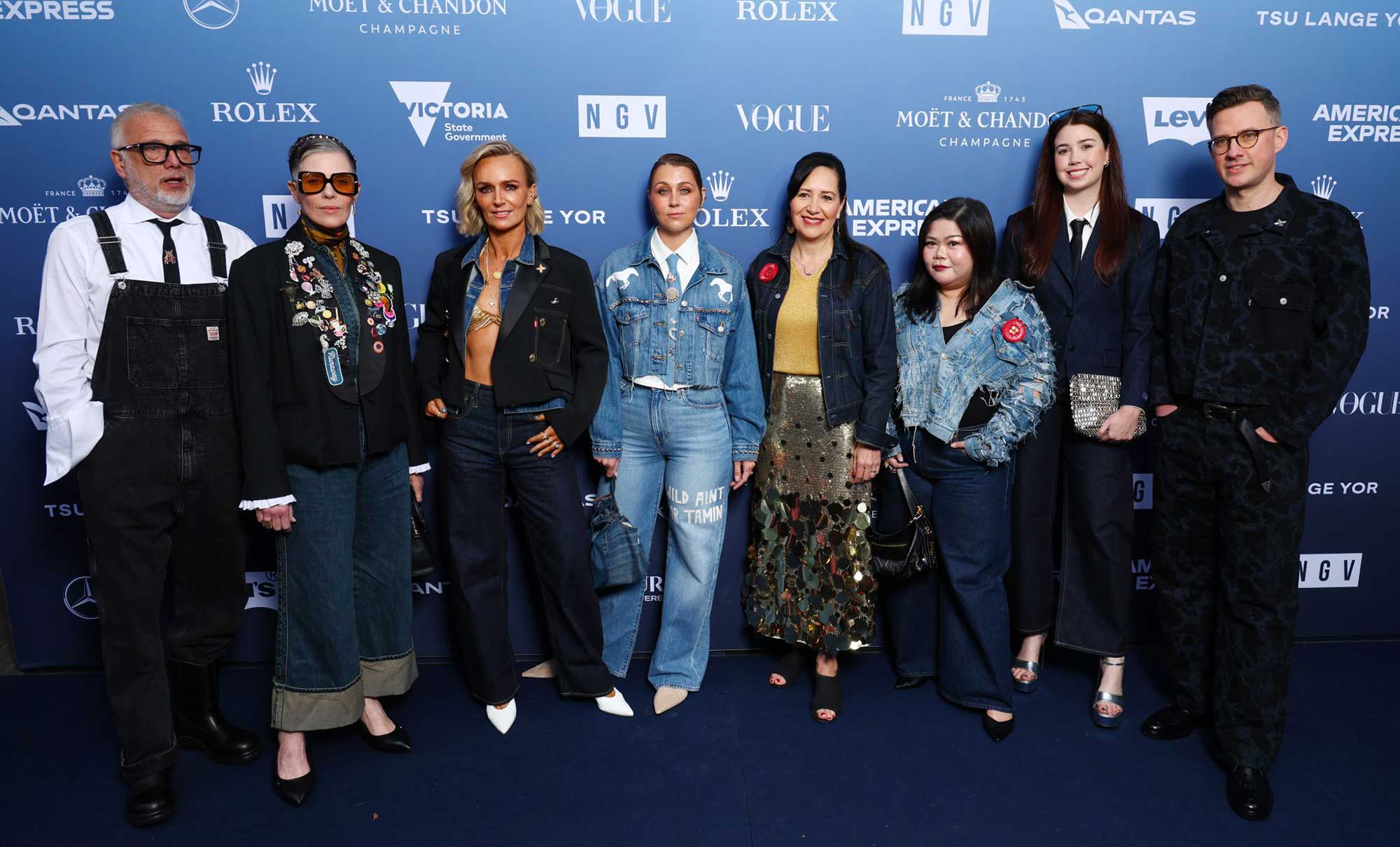 Eight Levi Strauss & Co. employees pose on the "denim carpet" at the National Gallery of Victoria Gala