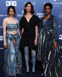 Three models wear upcycled Levi's® denim outfits on the "denim carpet" at the National Gallery Victoria gala