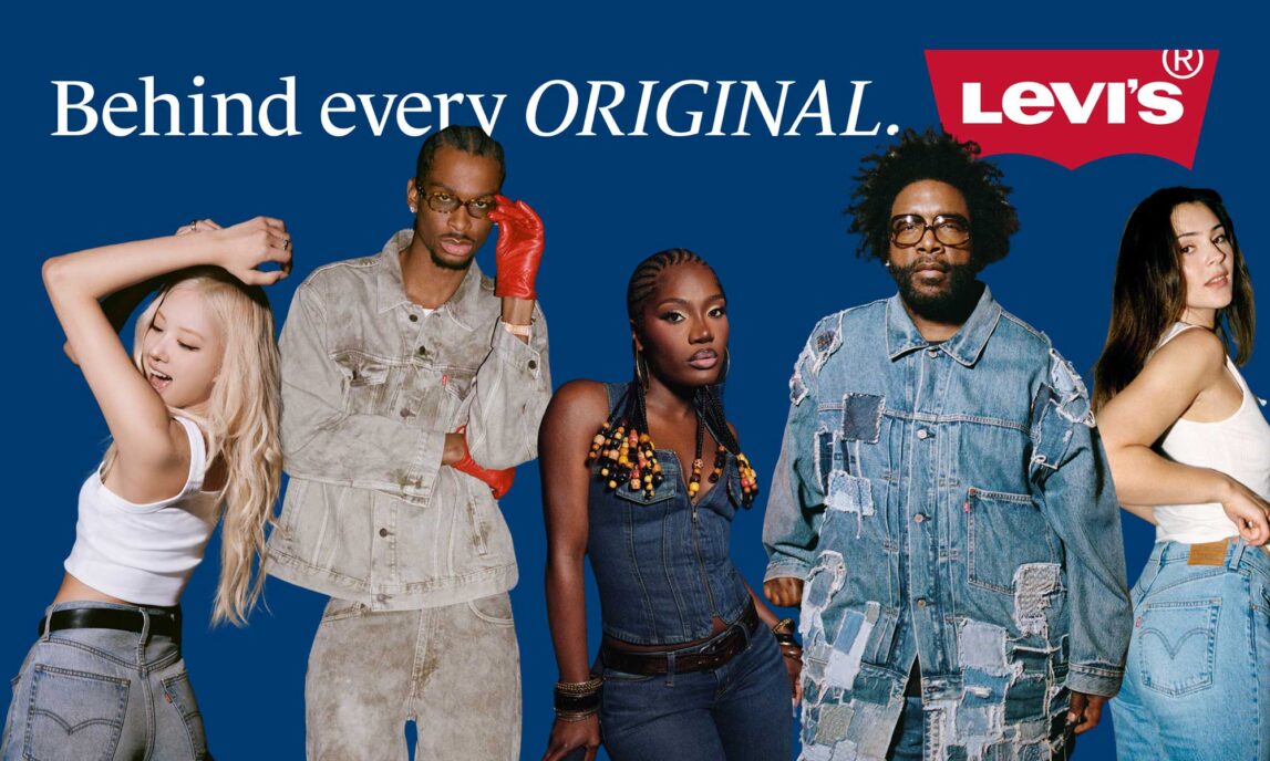 A blue background featuring text reading "Behind every Original" next to a red Levi's® batwing logo, overlaid with cut out images of Rosé, Shai Gilgeous-Alexander, Doechii, Questlove and Stefanie Giesinger modeling Levi's® outfits as part of the Levi's® brand's global brand campaign, "Behind Every Original."