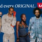 A blue background featuring text reading "Behind every Original" next to a red Levi's® batwing logo, overlaid with cut out images of Rosé, Shai Gilgeous-Alexander, Doechii, Questlove and Stefanie Giesinger modeling Levi's® outfits as part of the Levi's® brand's global brand campaign, "Behind Every Original."