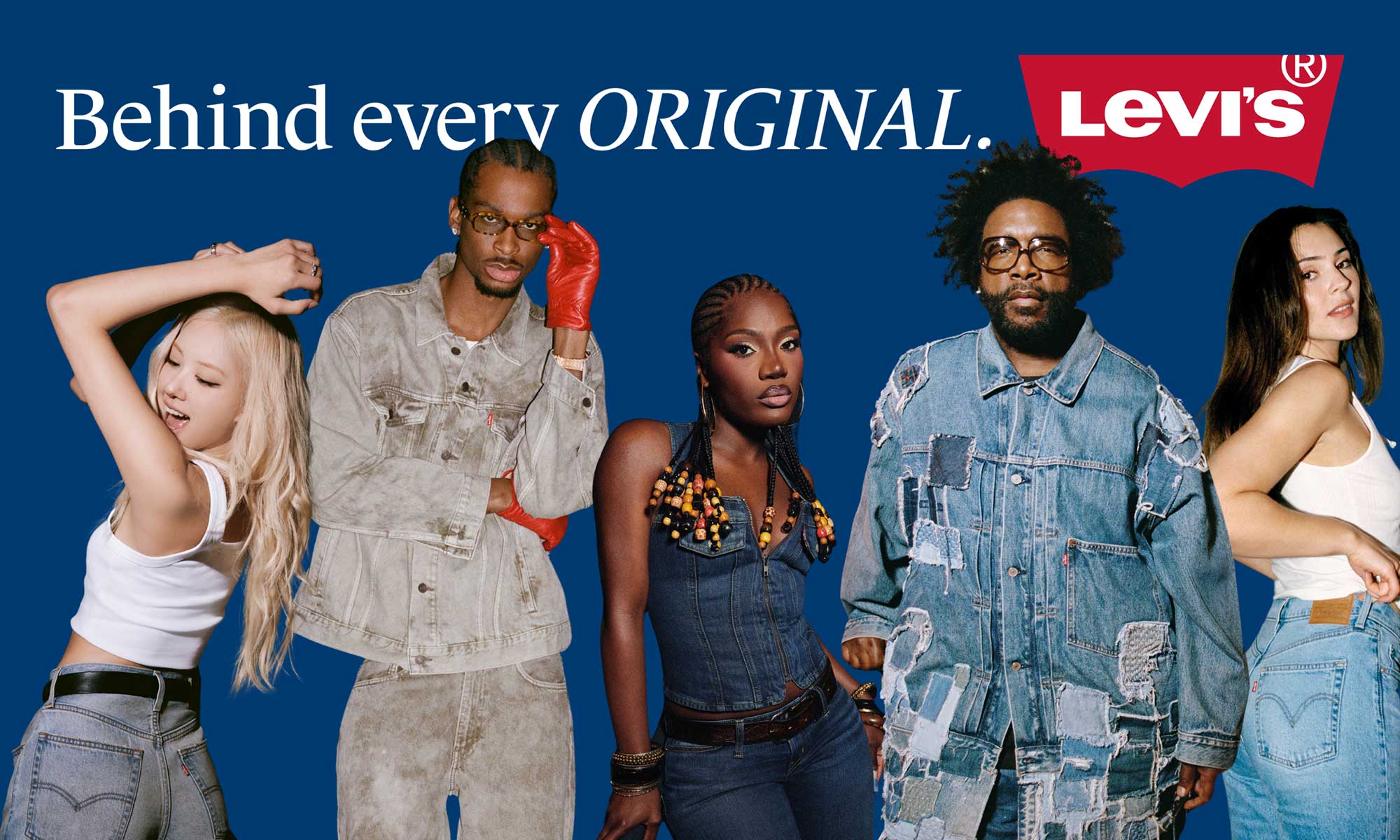 A blue background featuring text reading "Behind every Original" next to a red Levi's® batwing logo, overlaid with cut out images of Rosé, Shai Gilgeous-Alexander, Doechii, Questlove and Stefanie Giesinger modeling Levi's® outfits as part of the Levi's® brand's global brand campaign, "Behind Every Original."