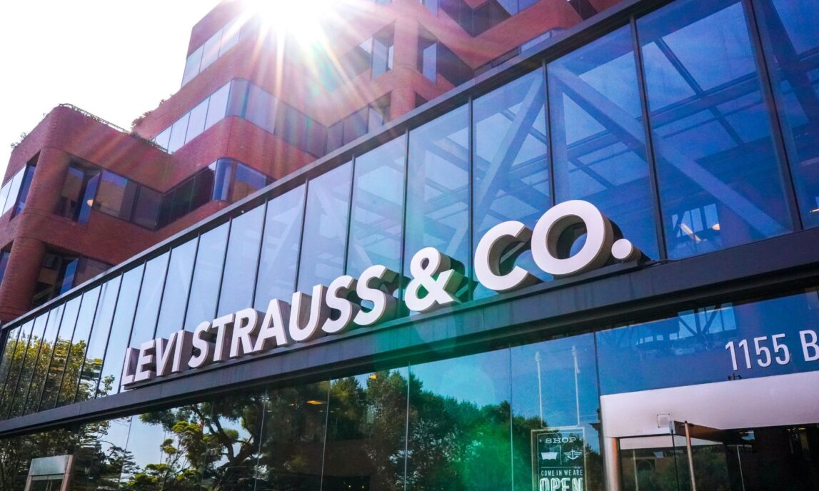 A photo of the exterior of the Levi Strauss & Co. headquarters, with the logo Levi Strauss & Co. on the side of the building