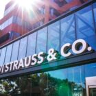 A photo of the exterior of the Levi Strauss & Co. headquarters, with the logo Levi Strauss & Co. on the side of the building