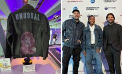 Left: the back of a custom Levi's® denim jacket decorated with rhinestoned text reading "unusual" and a rhinestone interpretation of Cyndi Lauper, on display at the Outright International Celebration of Courage event in New York City on June 1. Right: Paul Dillinger, head of Design Innovation at LS&Co., stands with two LS&Co. employees in front of the step-and-repeat at the Outright International Celebration of Courage event in New York City on June 1.
