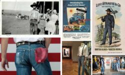 A collage of images featuring: an archival black and white image of a cowboy wearing Levi's® jeans; Bruce Springsteen's "Born in the USA" album cover, featuring the backside a person wearing Levi's® jeans with a red baseball cap tucked into the back right pocket; a vintage ad for a Jeep® Renegade in Levi’s® reading “Introducing the Jeep CJ/5 in ‘Jeans’,” and photos of the blue jeep; a pair of Steve Jobs' Levi's® jeans on a mannequin with a white T-shirt and suspenders; a vintage Levi's® ad featuring a drawing of a Gold Rush worker holding an ax and wearing Levi's®, reading "Levi Strauss & Co. San Francisco, Cal. Riveted blouse and riveted overall"; and an image taken inside a Levi's® store featuring a display of various Levi's® 501® denim products in front of a sign reading "501® Levi's® 150th"