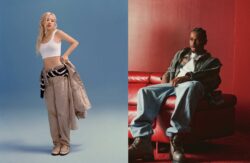 Left: ROSE stands in front of a blue background wearing a white tank top and tan denim jeans with a striped sweater tied around her waist. She holds a tan denim jacket at her hip in her left hand. Right: Shai Gilgeous-Alexander sits on a red leather sofa in front of a red background wearing a grey denim jacket over a flannel shirt and white T-shirt paired with blue denim Levi's® jeans and work boots.
