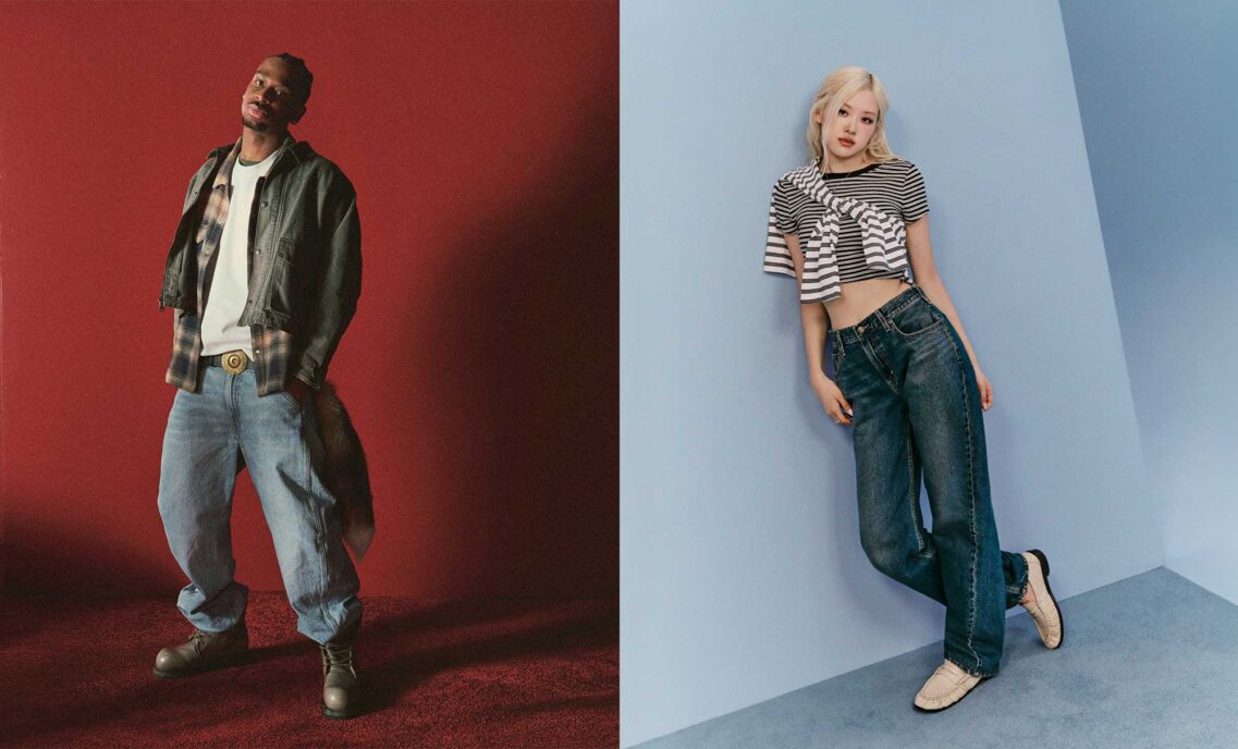 Left: Shai Gilgeous-Alexander stands in front of a red background with his hands in his pockets, wearing a grey denim Levi's® jacket over a plaid flannel shirt over a white T-shirt with blue denim Levi's® jeans; right: ROSÉ leans against a blue background wearing a striped-T-shirt, striped long sleeve tied around her neck and dark wash blue denim Levi's® jeans.