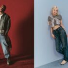 Left: Shai Gilgeous-Alexander stands in front of a red background with his hands in his pockets, wearing a grey denim Levi's® jacket over a plaid flannel shirt over a white T-shirt with blue denim Levi's® jeans; right: ROSÉ leans against a blue background wearing a striped-T-shirt, striped long sleeve tied around her neck and dark wash blue denim Levi's® jeans.