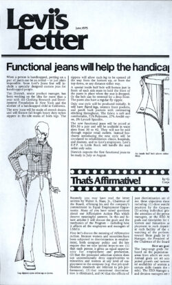 A scan of a news article titled "Levi's Letter" "Functional jeans will help the handicapped" featuring fashion design drawings of functional jeans