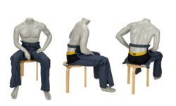 Three side-by-side renders of a mannequin sitting in a wooden chair modeling Levi’s® disability jeans