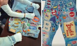 Left: a cropped photo showing the gloved hands of LS&Co. Historian Tracey Panek and Kermit Oswald, a childhood friend of Keith Haring, handling a pair of patched Levi's® 501® jeans that belonged to Keith Haring.