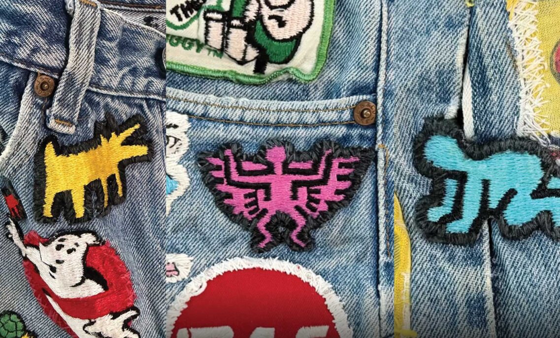 Three vertical side-by-side photos of patches on a pair of Levi's® 501® jeans that belonged to artist Keith Haring