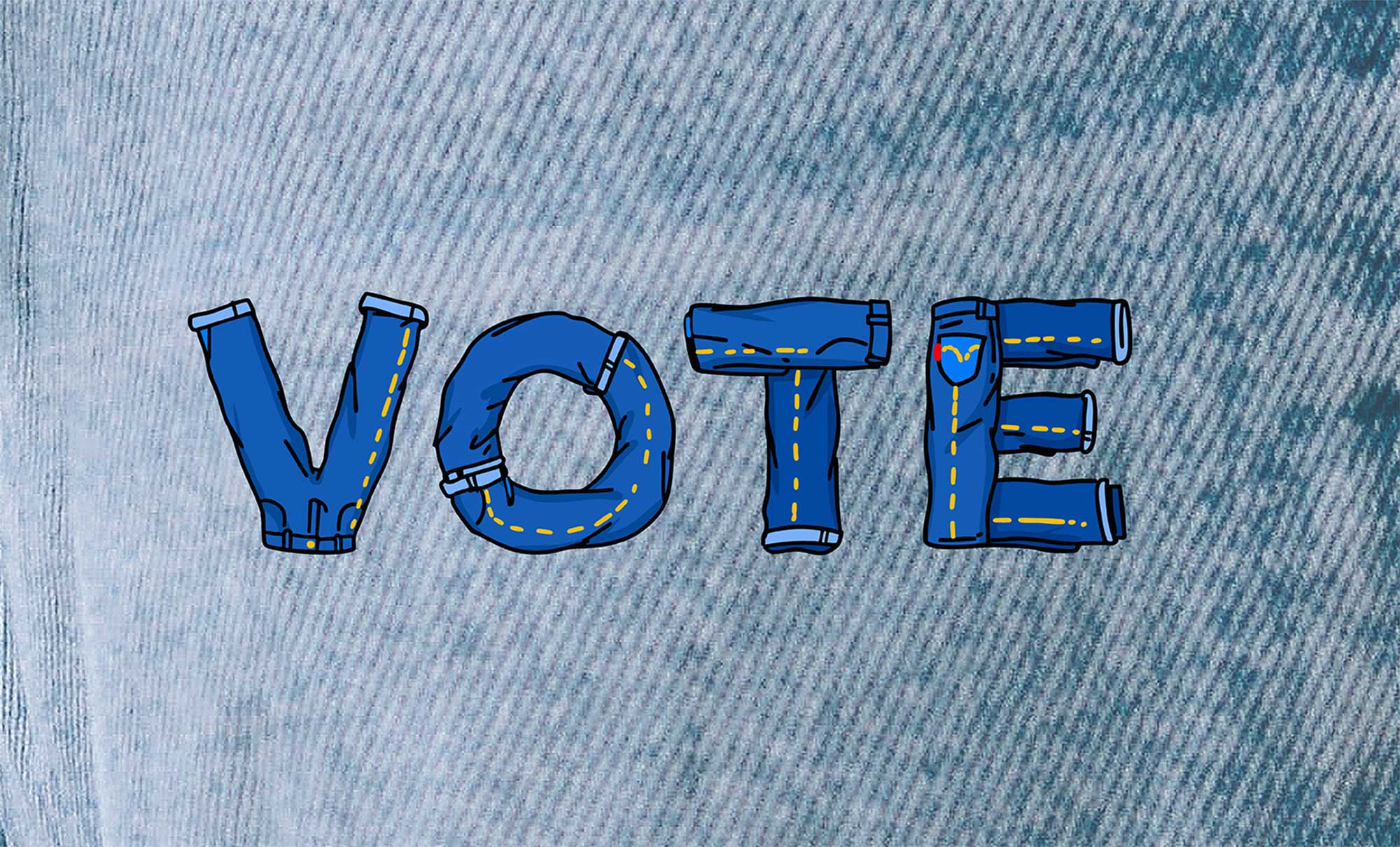"Vote" spelled out with denim jeans graphics against a denim texture background