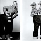 Two black and white photos show two people sharing a pair of jumbo Levi's® jeans, each person standing in one leg