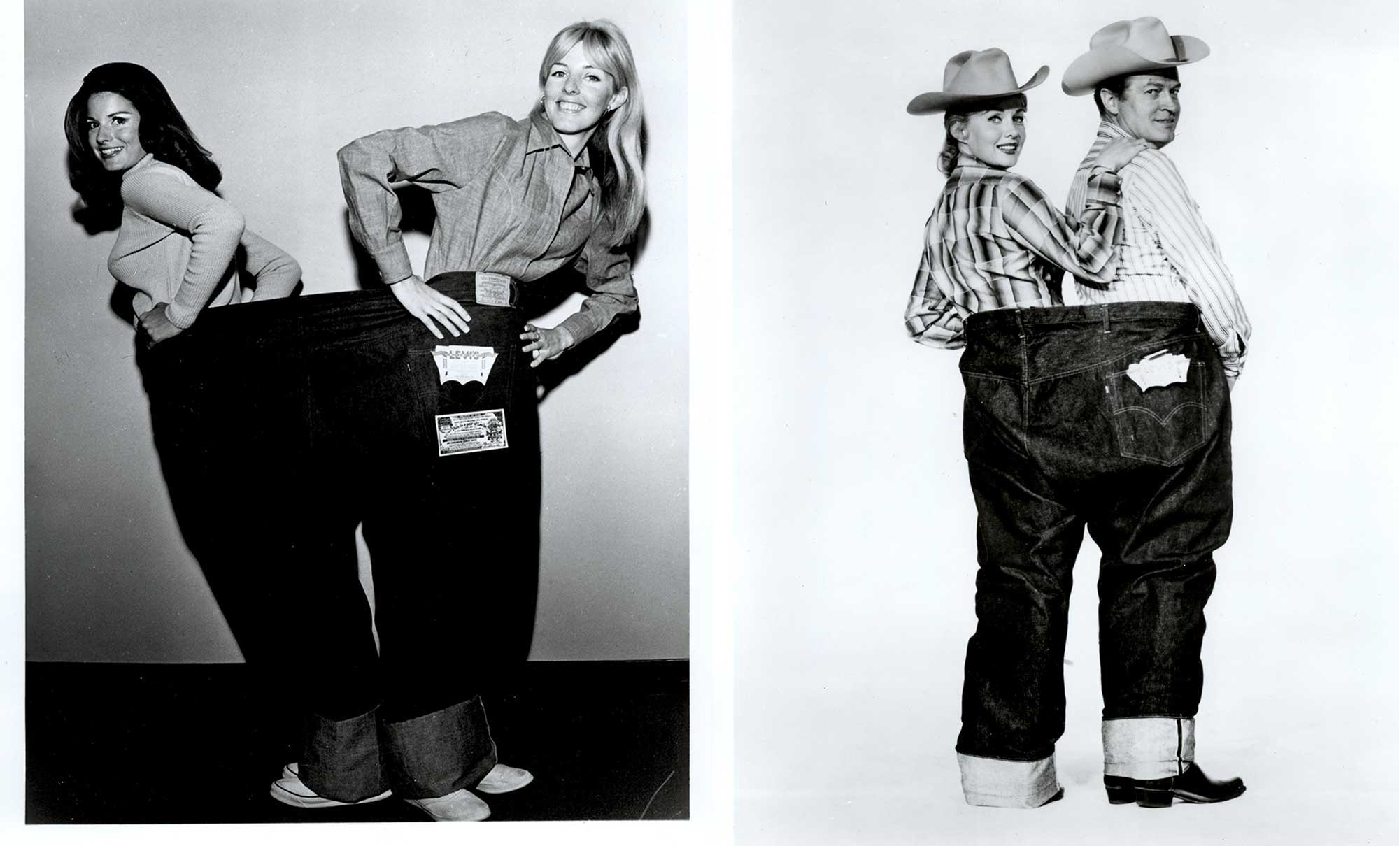 Two black and white photos show two people sharing a pair of jumbo Levi's® jeans, each person standing in one leg
