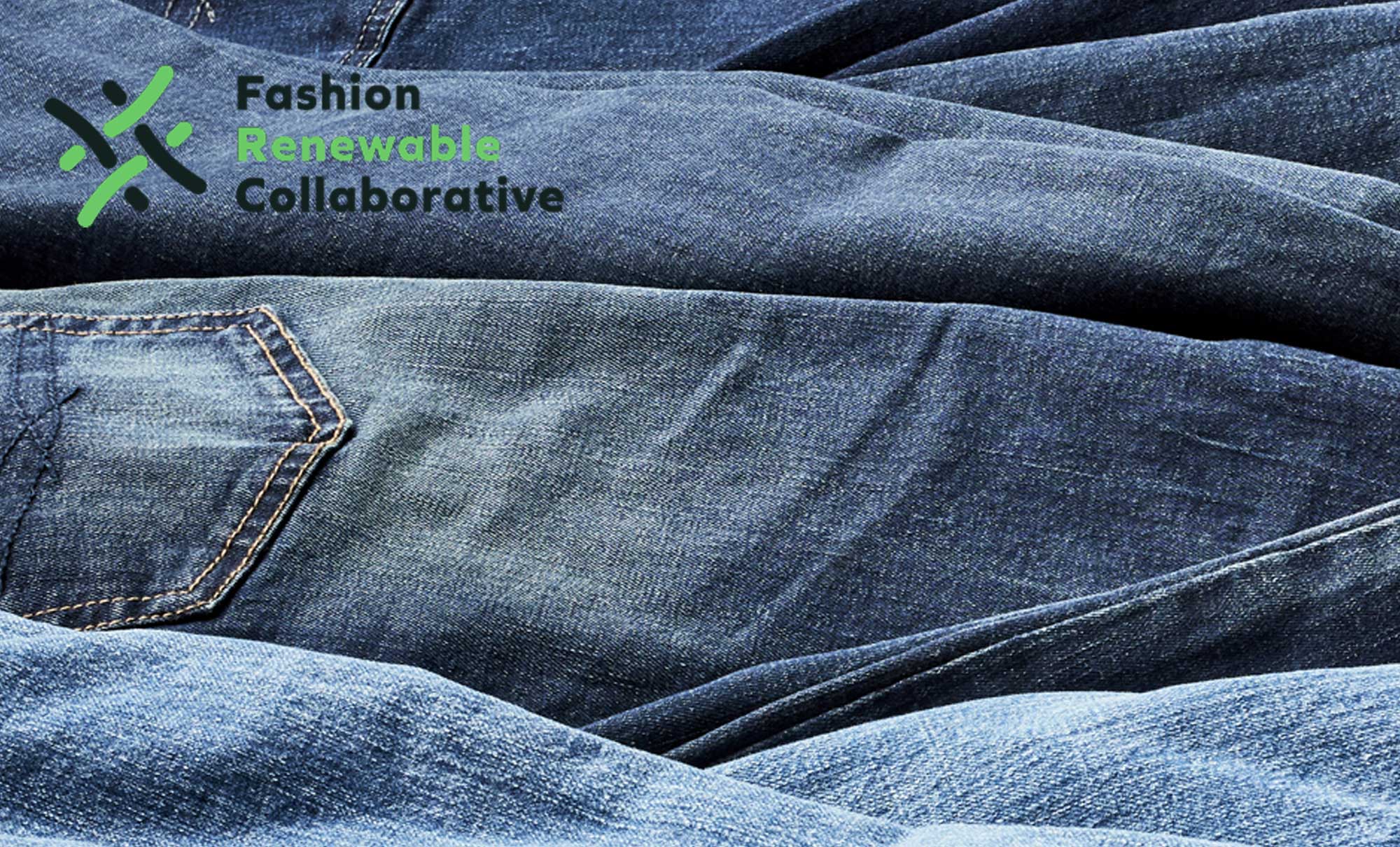 A photo of a pile of Levi's jeans overlaid with a logo reading Fashion Renewable Collaborative