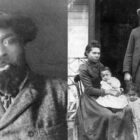 Left: a black and white portrait of John Ware, widely regarded as Canada’s first Black cowboy. Right: a black and white photo of John Ware posing on a porch next to a woman and two small children.