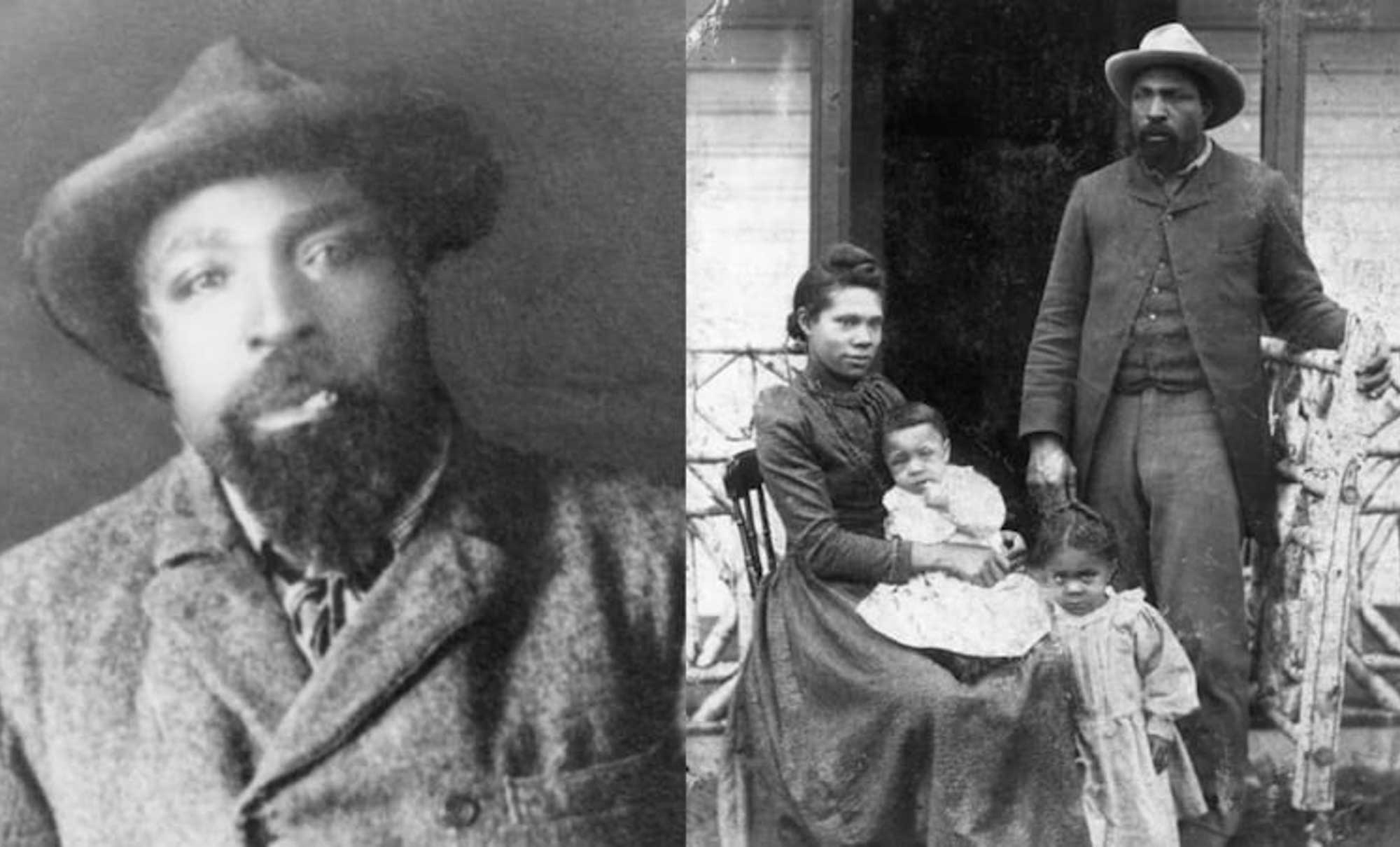 Left: a black and white portrait of John Ware, widely regarded as Canada’s first Black cowboy. Right: a black and white photo of John Ware posing on a porch next to a woman and two small children.